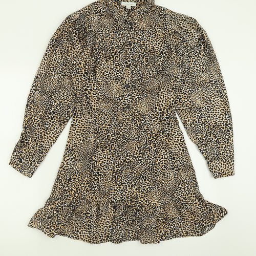 Topshop Womens Brown Animal Print Polyester Fit & Flare  Size 8  Collared Zip