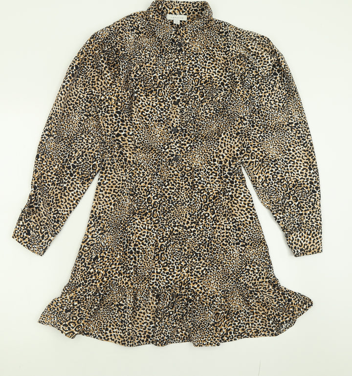 Topshop Womens Brown Animal Print Polyester Fit & Flare Size 8 Collared Zip