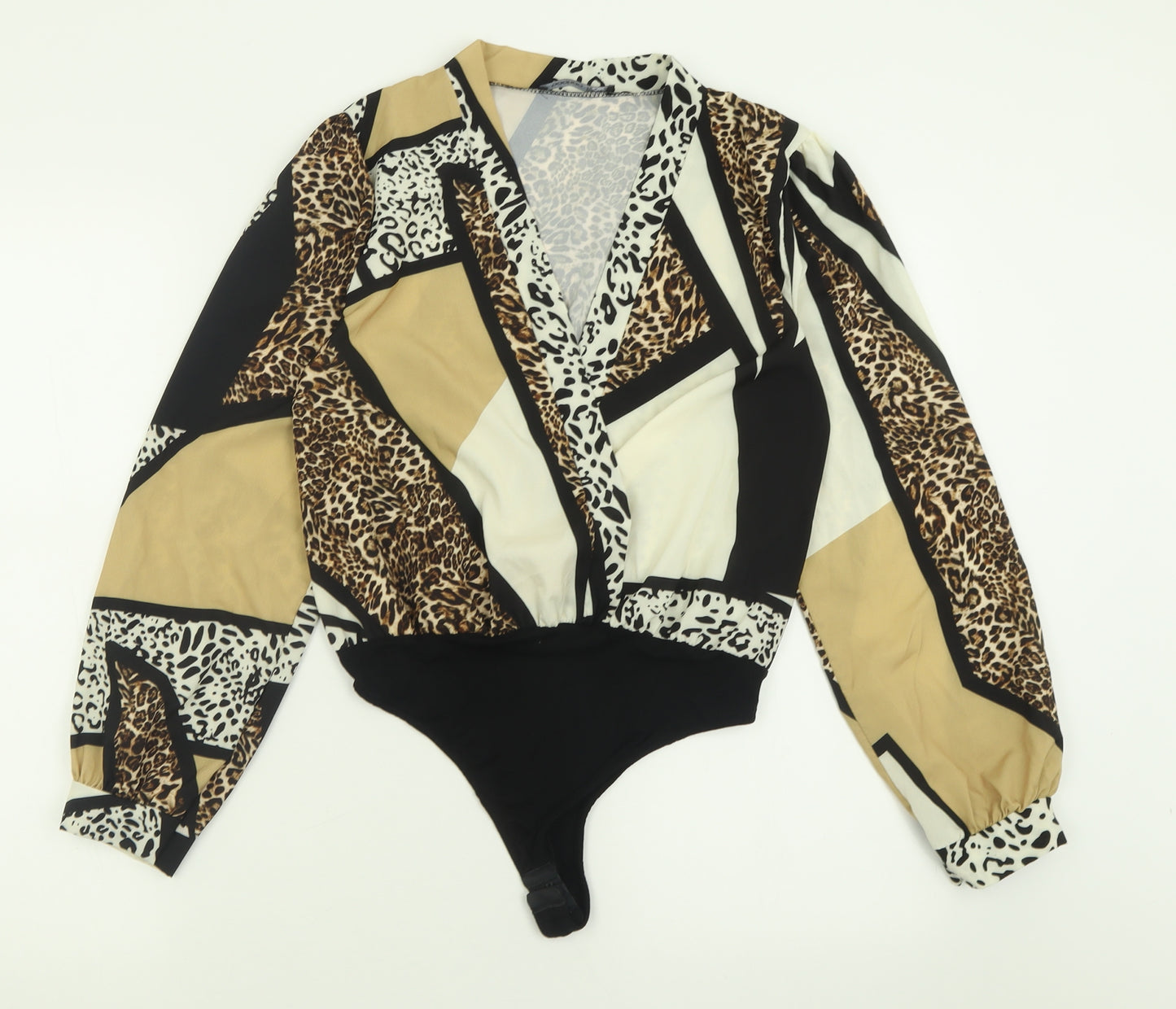 Boohoo Womens Brown Animal Print Polyester Bodysuit One-Piece Size 8  Button