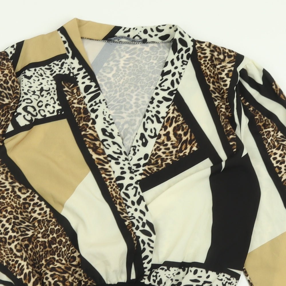 Boohoo Womens Brown Animal Print Polyester Bodysuit One-Piece Size 8  Button