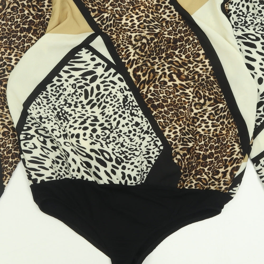 Boohoo Womens Brown Animal Print Polyester Bodysuit One-Piece Size 8  Button