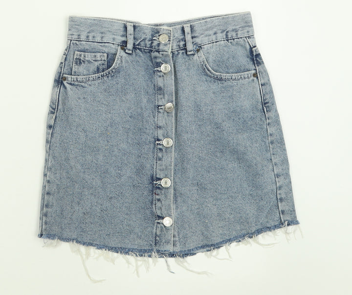 Pull&Bear Womens Blue Cotton A-Line Skirt Size S Button