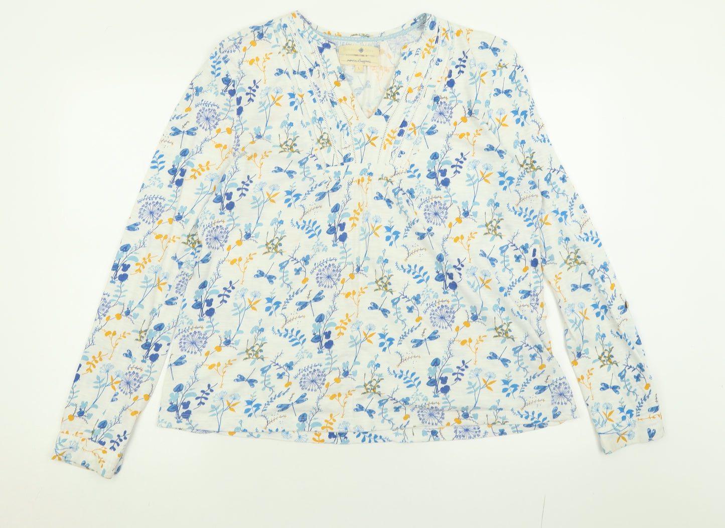 Beacon Cove Womens Blue Geometric Cotton Basic Blouse Size L V-Neck