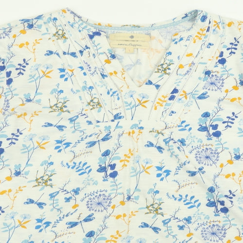 Beacon Cove Womens Blue Geometric Cotton Basic Blouse Size L V-Neck