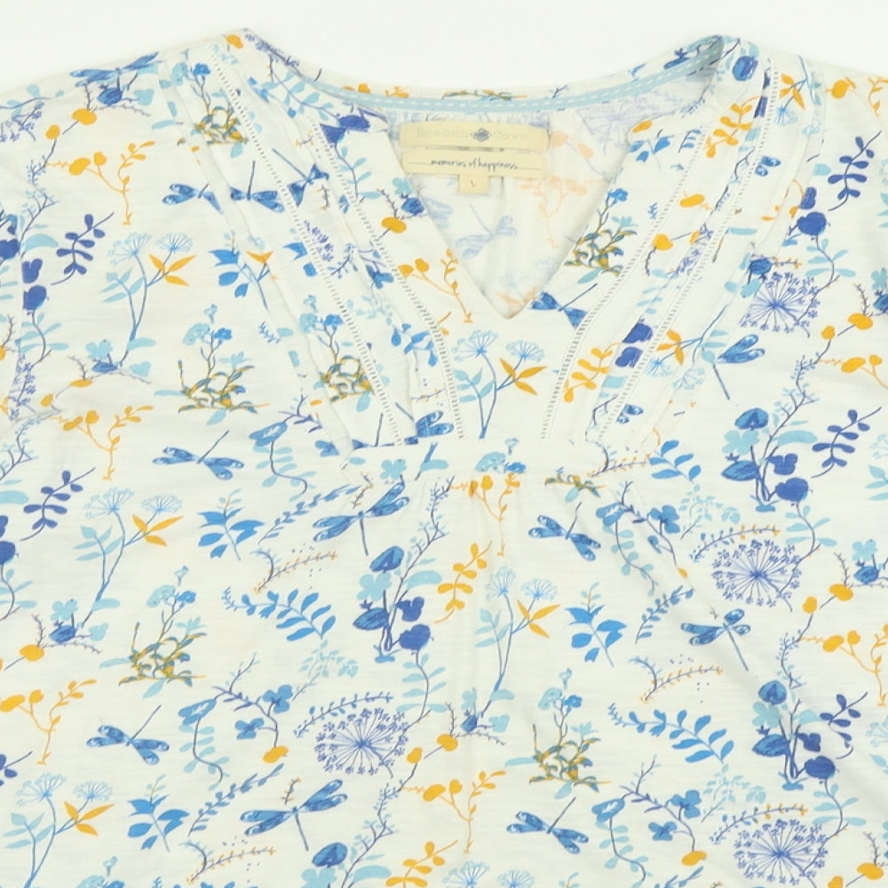 Beacon Cove Womens Blue Geometric Cotton Basic Blouse Size L V-Neck