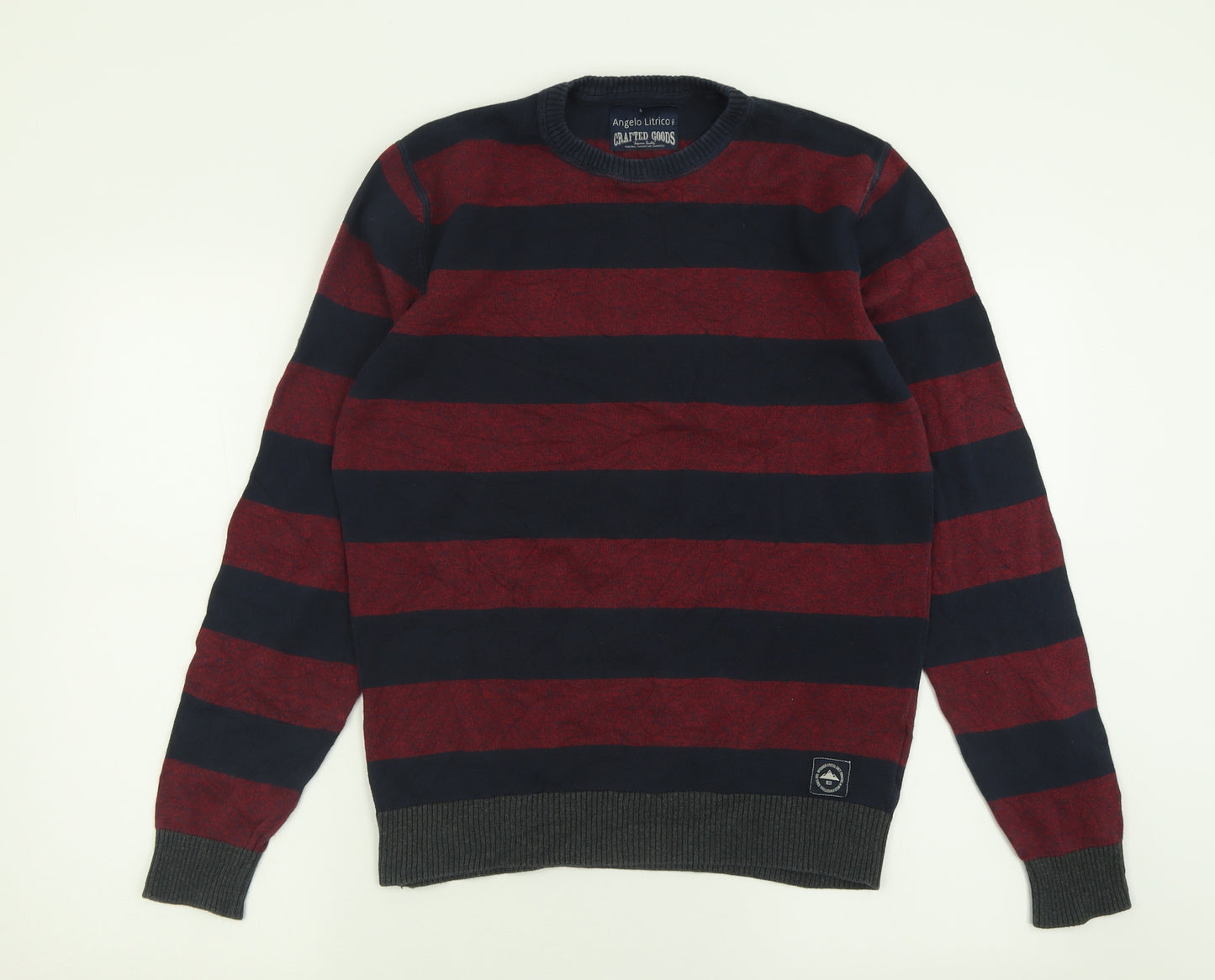 Angelo Litrico Mens Red Crew Neck Striped Cotton Pullover Jumper Size M