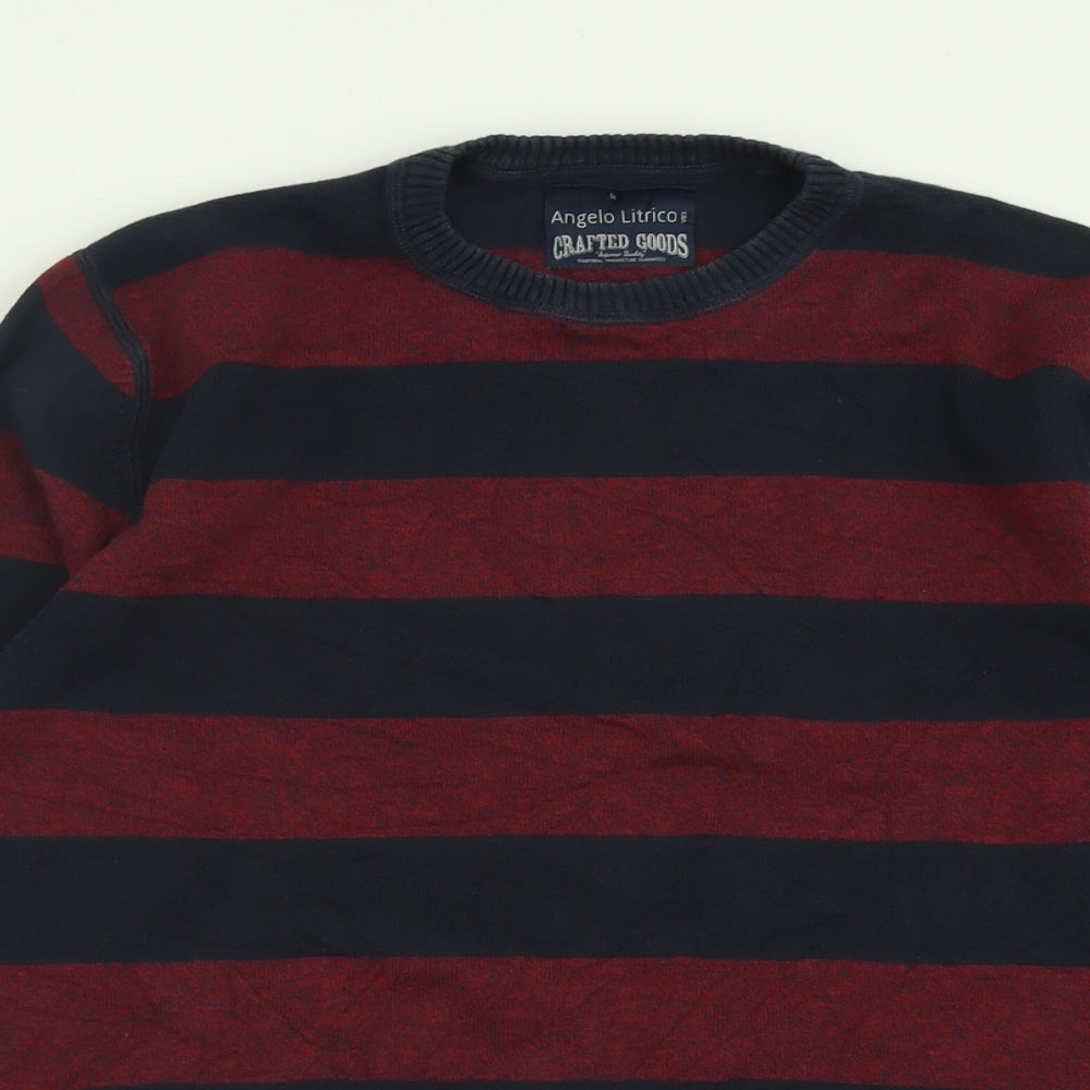 Angelo Litrico Mens Red Crew Neck Striped Cotton Pullover Jumper Size M