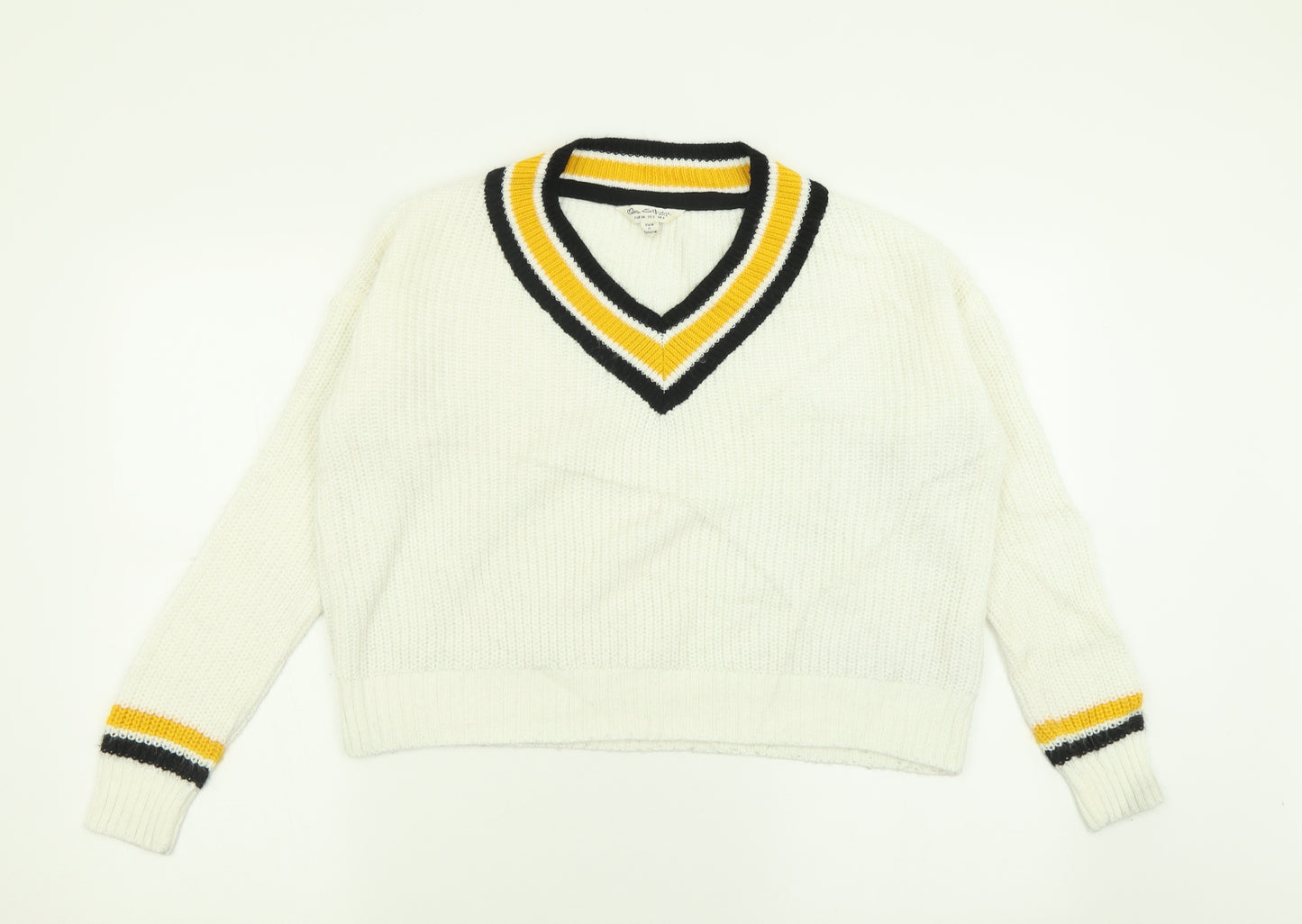 Miss Selfridge Womens White V-Neck  Acrylic Pullover Jumper Size 6
