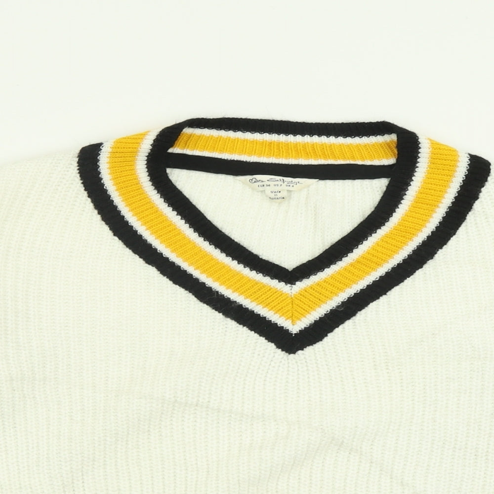 Miss Selfridge Womens White V-Neck  Acrylic Pullover Jumper Size 6
