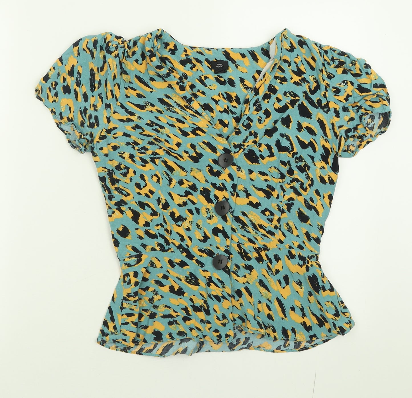 River Island Womens Blue Animal Print Viscose Basic T-Shirt Size 10 V-Neck