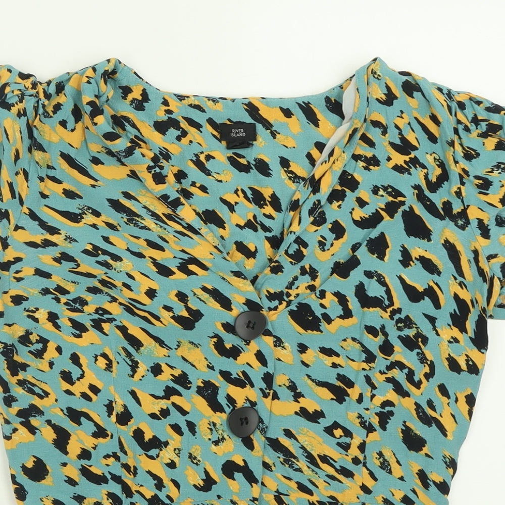 River Island Womens Blue Animal Print Viscose Basic T-Shirt Size 10 V-Neck