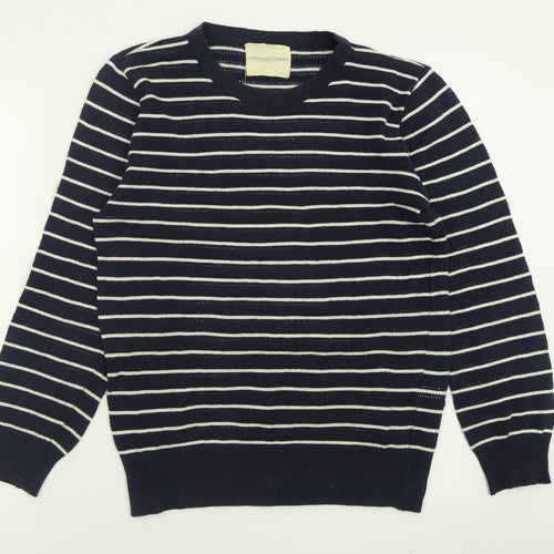 Fredrick Anderson Womens Blue Crew Neck Striped Cotton Pullover Jumper Size M