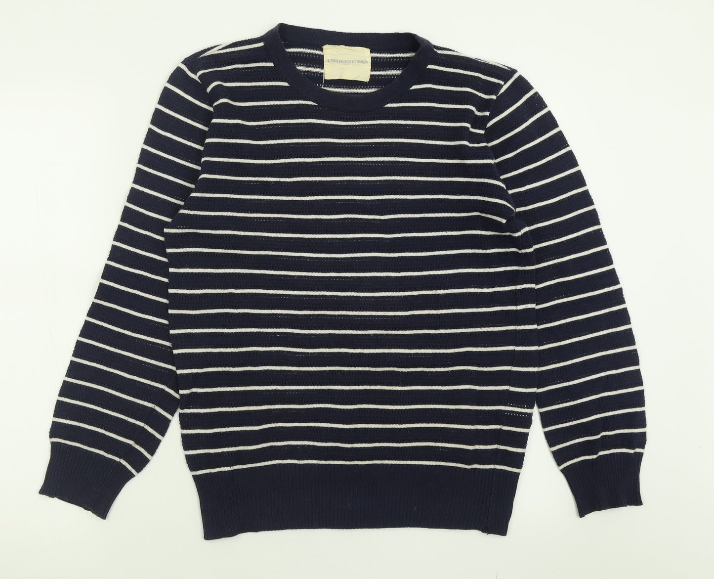 Fredrick Anderson Womens Blue Crew Neck Striped Cotton Pullover Jumper Size M