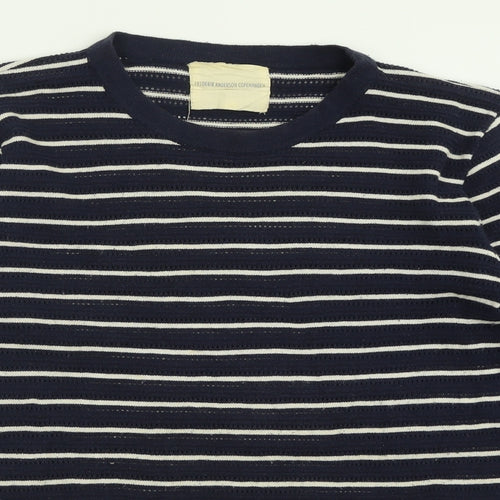 Fredrick Anderson Womens Blue Crew Neck Striped Cotton Pullover Jumper Size M
