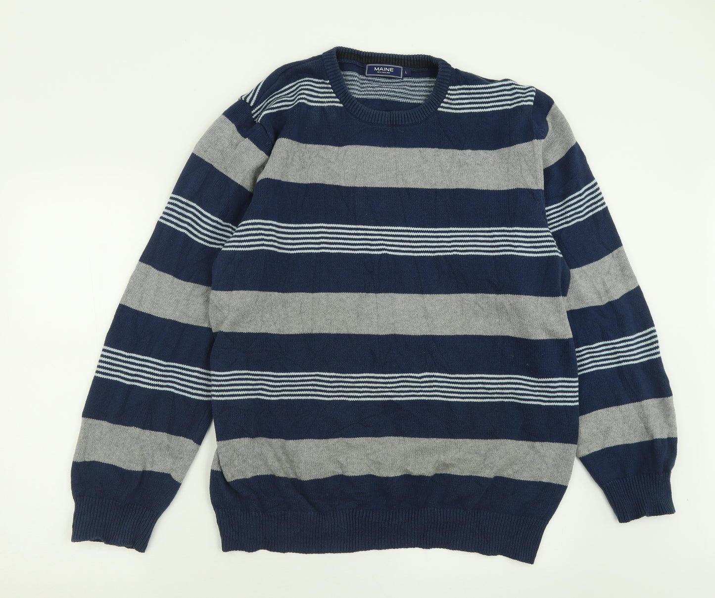 Maine Mens Blue Crew Neck Striped Cotton Pullover Jumper Size L