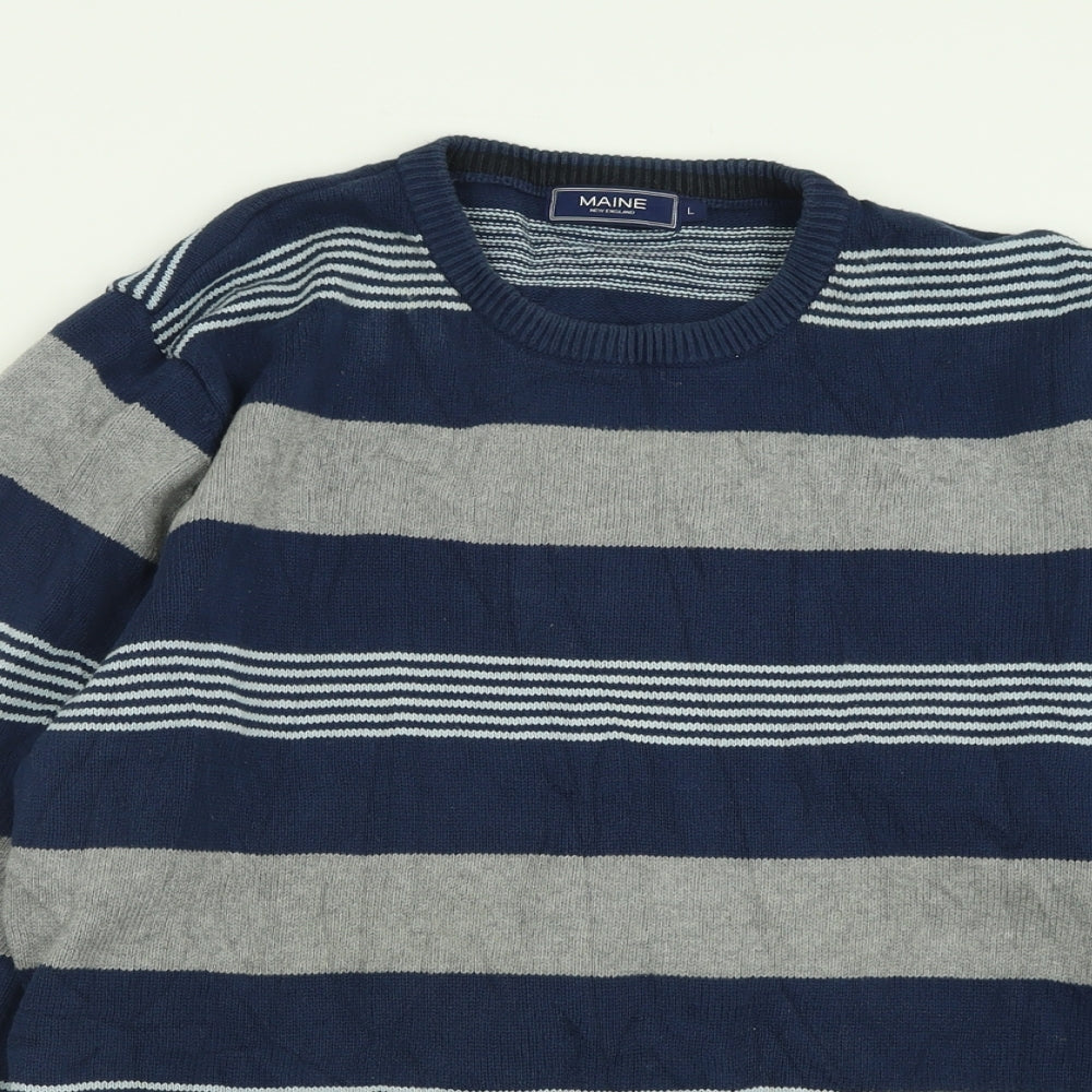 Maine Mens Blue Crew Neck Striped Cotton Pullover Jumper Size L