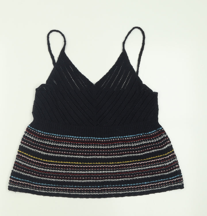 New Look Womens Blue Striped Acrylic Basic Tank Size M V-Neck