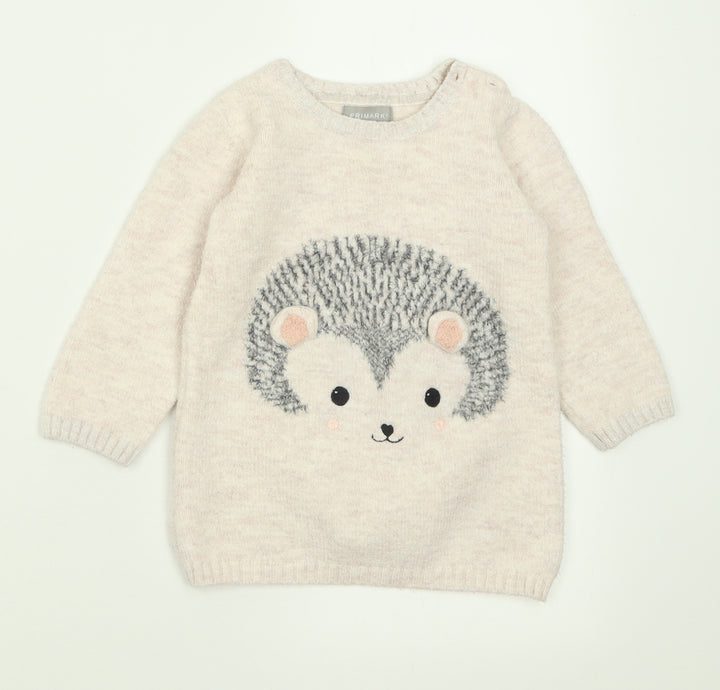 Primark Girls Pink  Acrylic Jumper Dress  Size 18-24 Months  Crew Neck Button - Hedgehog