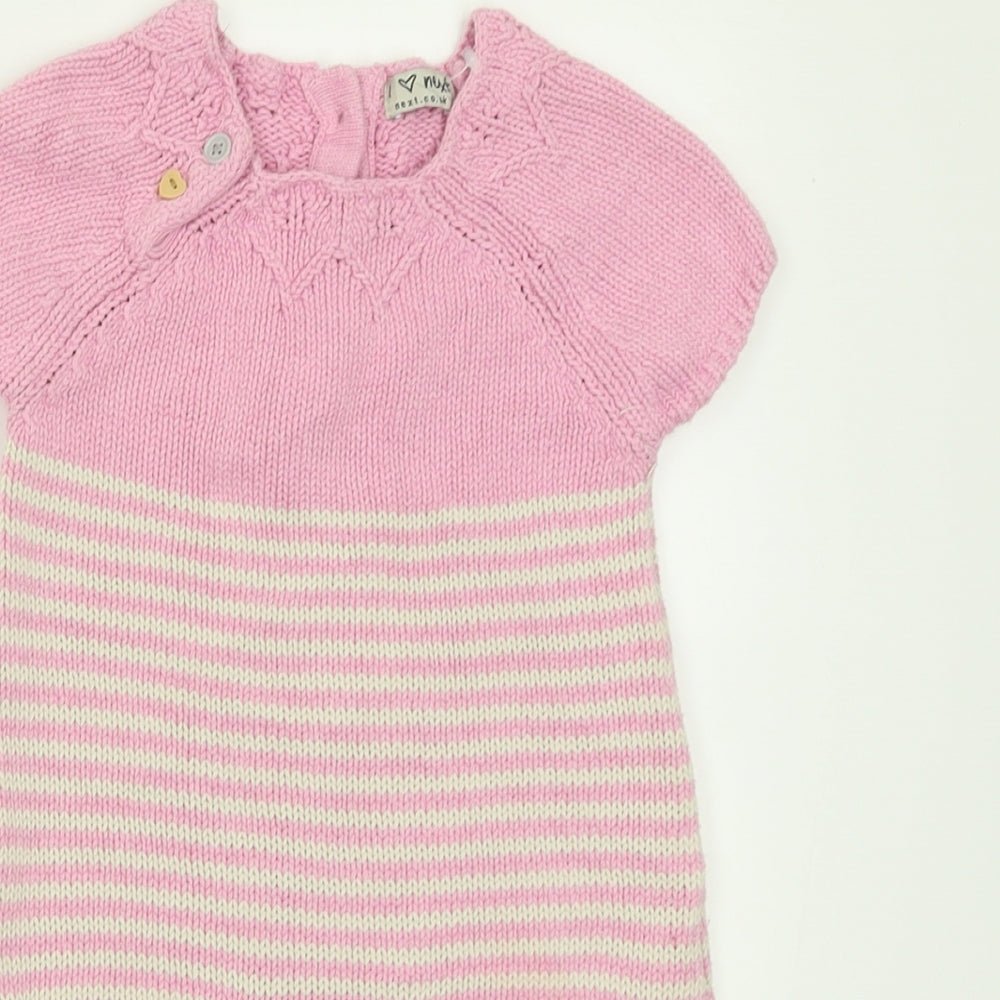 NEXT Girls Pink Striped Cotton A-Line  Size 5-6 Years  Crew Neck Button