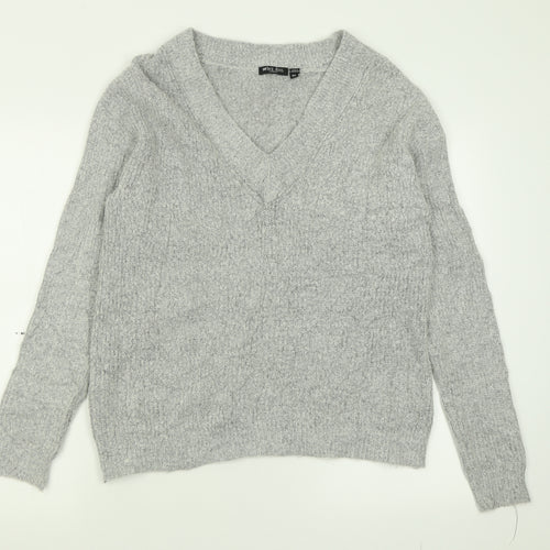 Brave Soul Womens Grey V-Neck  Acrylic Pullover Jumper Size XS