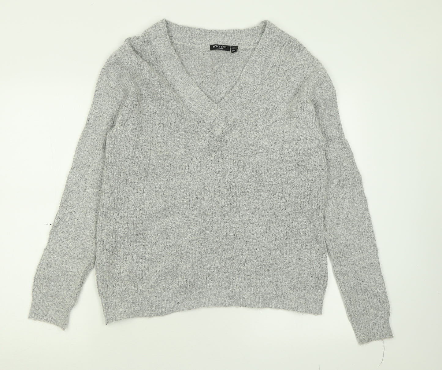 Brave Soul Womens Grey V-Neck  Acrylic Pullover Jumper Size XS