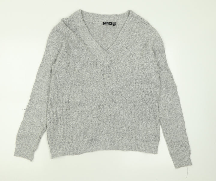 Brave Soul Womens Grey V-Neck  Acrylic Pullover Jumper Size XS