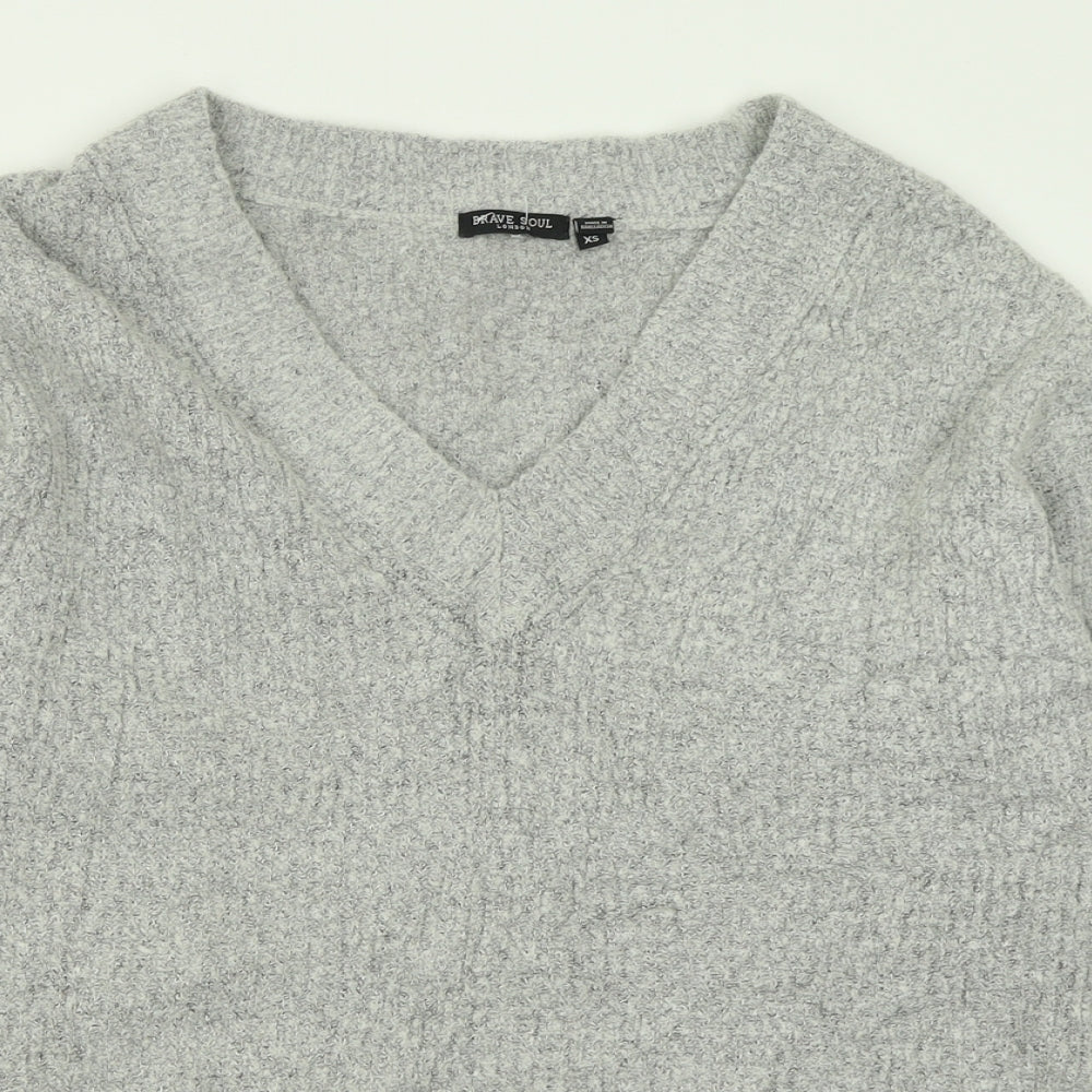 Brave Soul Womens Grey V-Neck  Acrylic Pullover Jumper Size XS