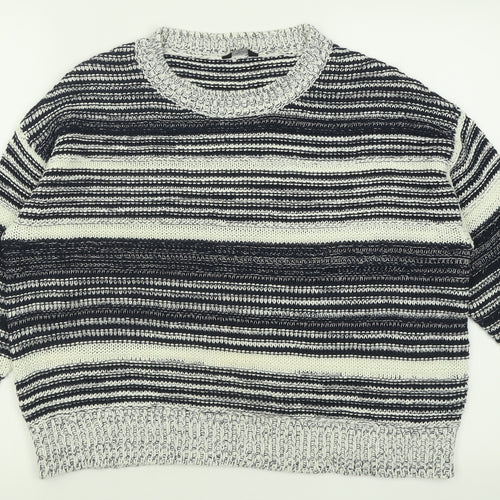 M&Co Womens Blue Crew Neck Striped Acrylic Pullover Jumper Size 14