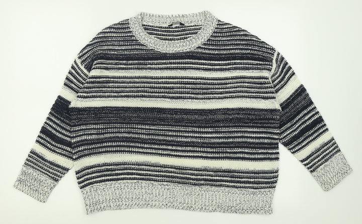 M&Co Womens Blue Crew Neck Striped Acrylic Pullover Jumper Size 14