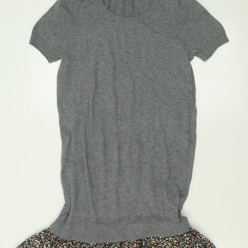 Topshop Womens Grey Floral Cotton Jumper Dress  Size 8  Crew Neck Pullover