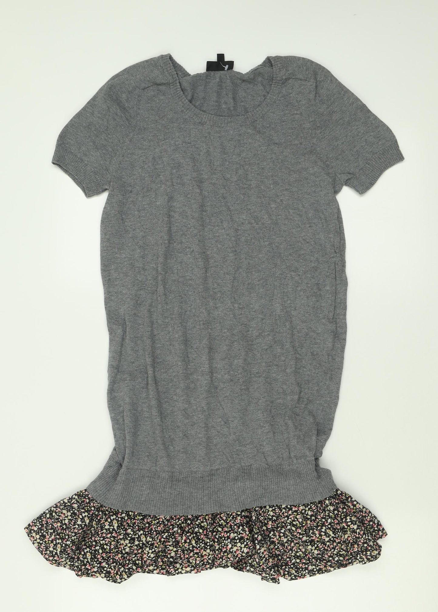 Topshop Womens Grey Floral Cotton Jumper Dress  Size 8  Crew Neck Pullover