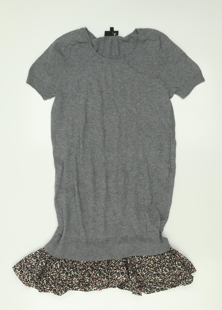 Topshop Womens Grey Floral Cotton Jumper Dress  Size 8  Crew Neck Pullover
