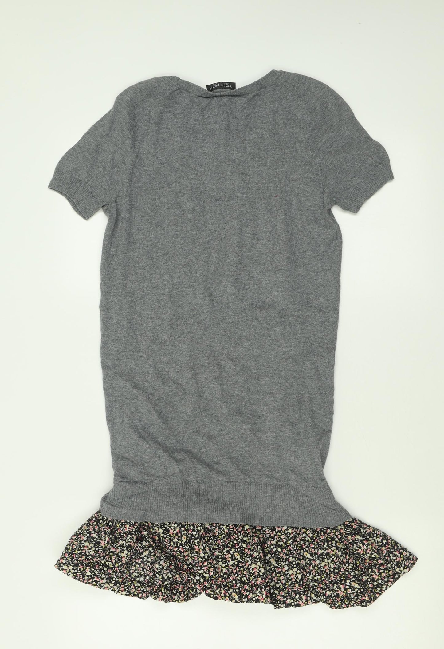 Topshop Womens Grey Floral Cotton Jumper Dress  Size 8  Crew Neck Pullover