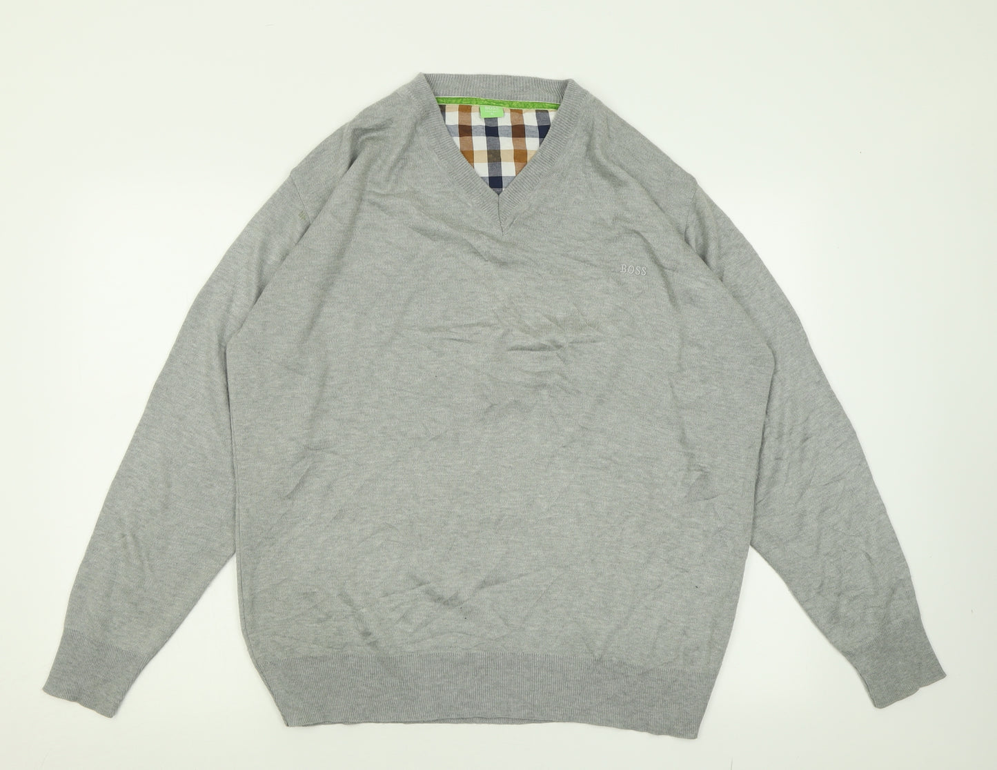 HUGO BOSS Mens Grey V-Neck  Cotton Pullover Jumper Size XL