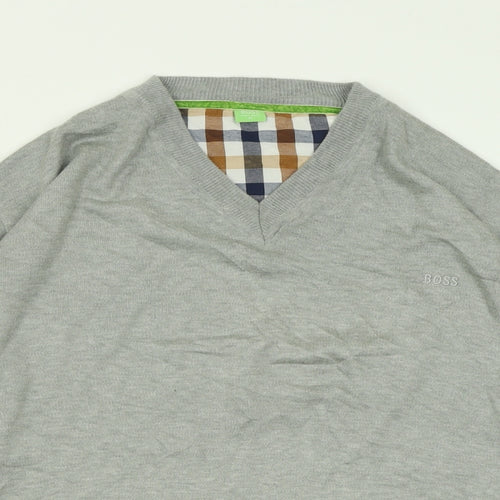 HUGO BOSS Mens Grey V-Neck  Cotton Pullover Jumper Size XL