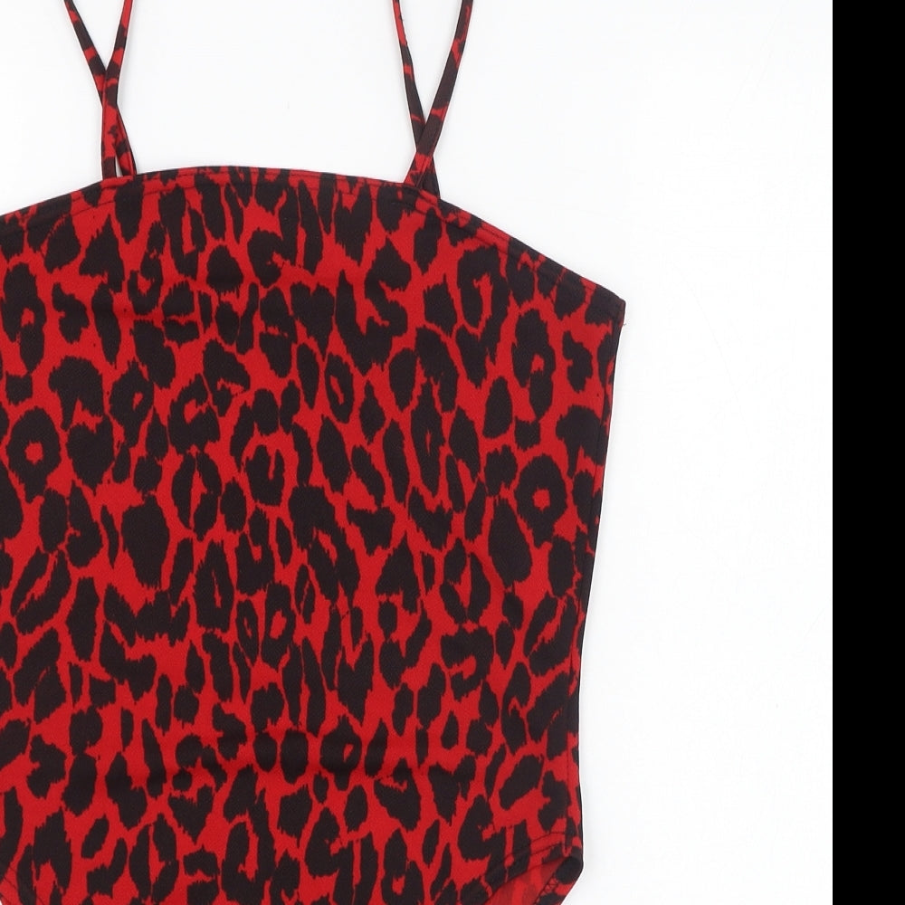 Boohoo Womens Red Animal Print Polyester Bodysuit One-Piece Size 12  Pullover
