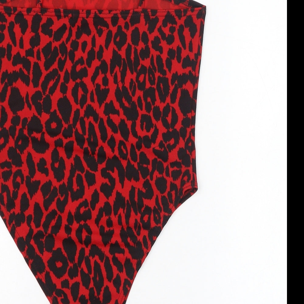 Boohoo Womens Red Animal Print Polyester Bodysuit One-Piece Size 12  Pullover
