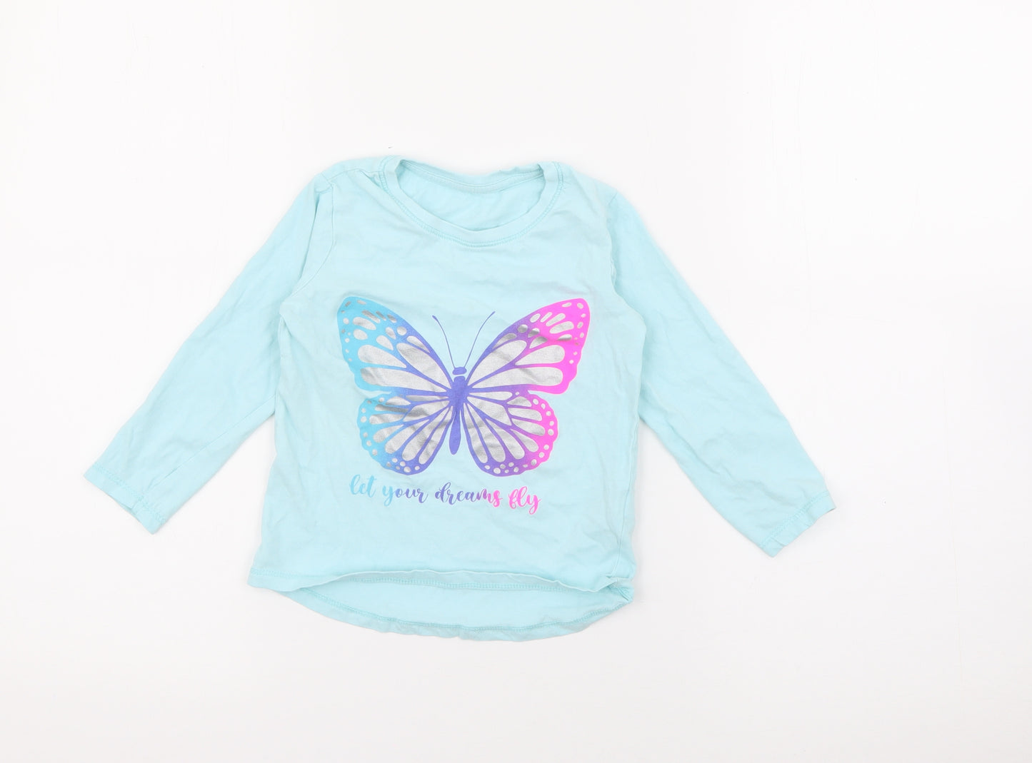 Dunnes Stores Girls Blue  Cotton Pullover T-Shirt Size 2-3 Years Crew Neck  - Butterfly