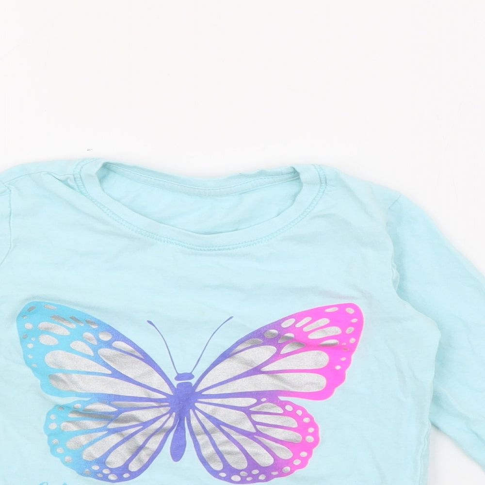 Dunnes Stores Girls Blue  Cotton Pullover T-Shirt Size 2-3 Years Crew Neck  - Butterfly