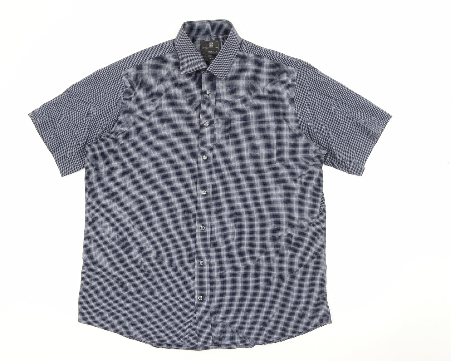 Marks and Spencer Mens Blue Check Cotton  Button-Up Size 17 Collared Button