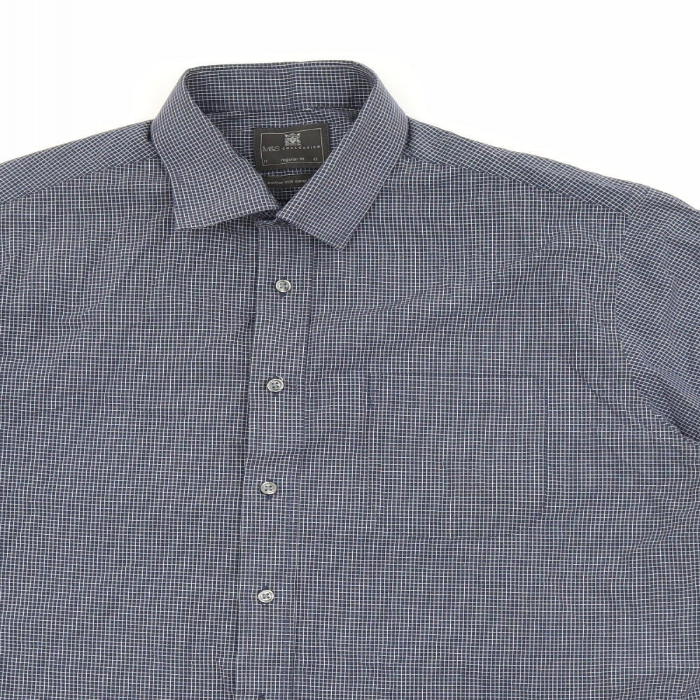 Marks and Spencer Mens Blue Check Cotton  Button-Up Size 17 Collared Button