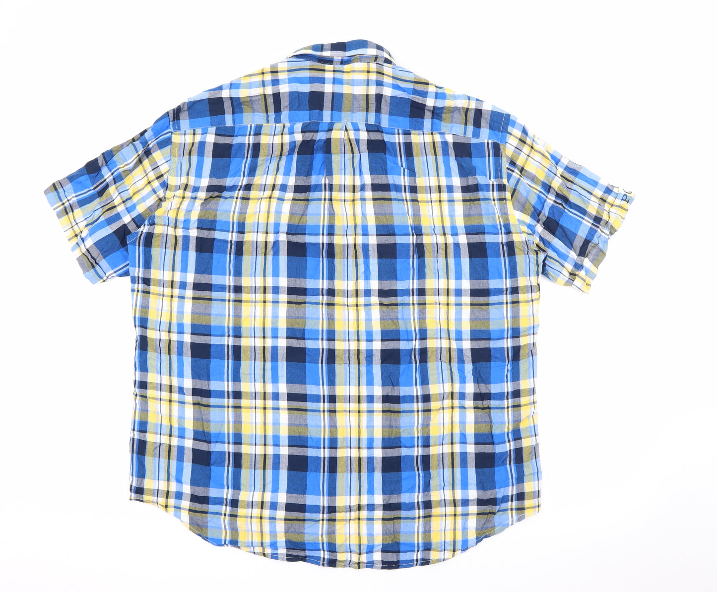 S&C Mens Blue Plaid Polyester  Button-Up Size M Collared Button