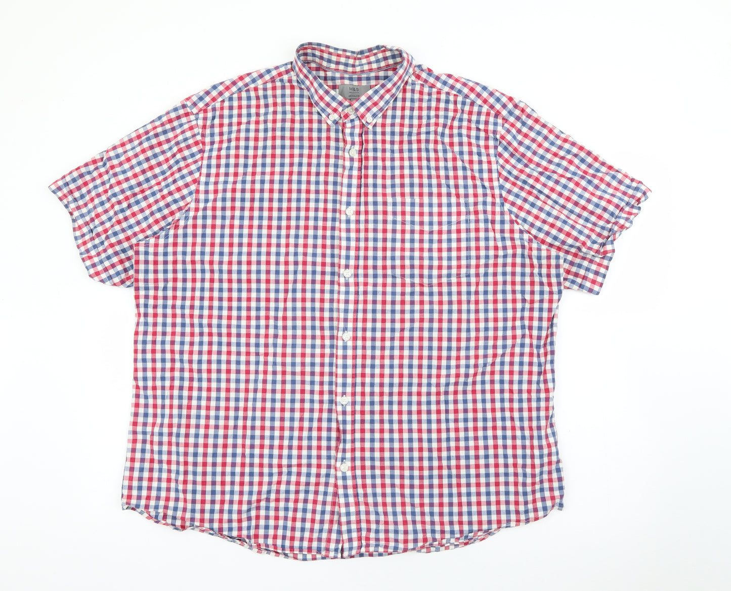 Marks and Spencer Mens Red Plaid Cotton  Button-Up Size 2XL Collared Button
