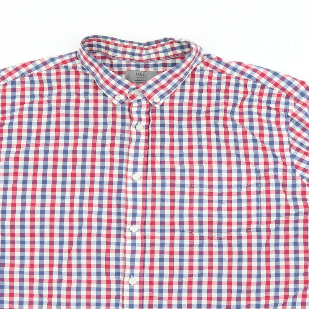 Marks and Spencer Mens Red Plaid Cotton  Button-Up Size 2XL Collared Button