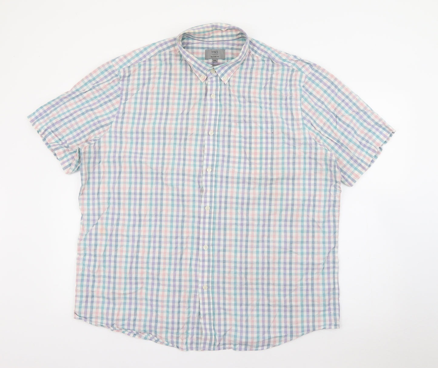 Marks and Spencer Mens Multicoloured Plaid Cotton  Button-Up Size 2XL Collared Button