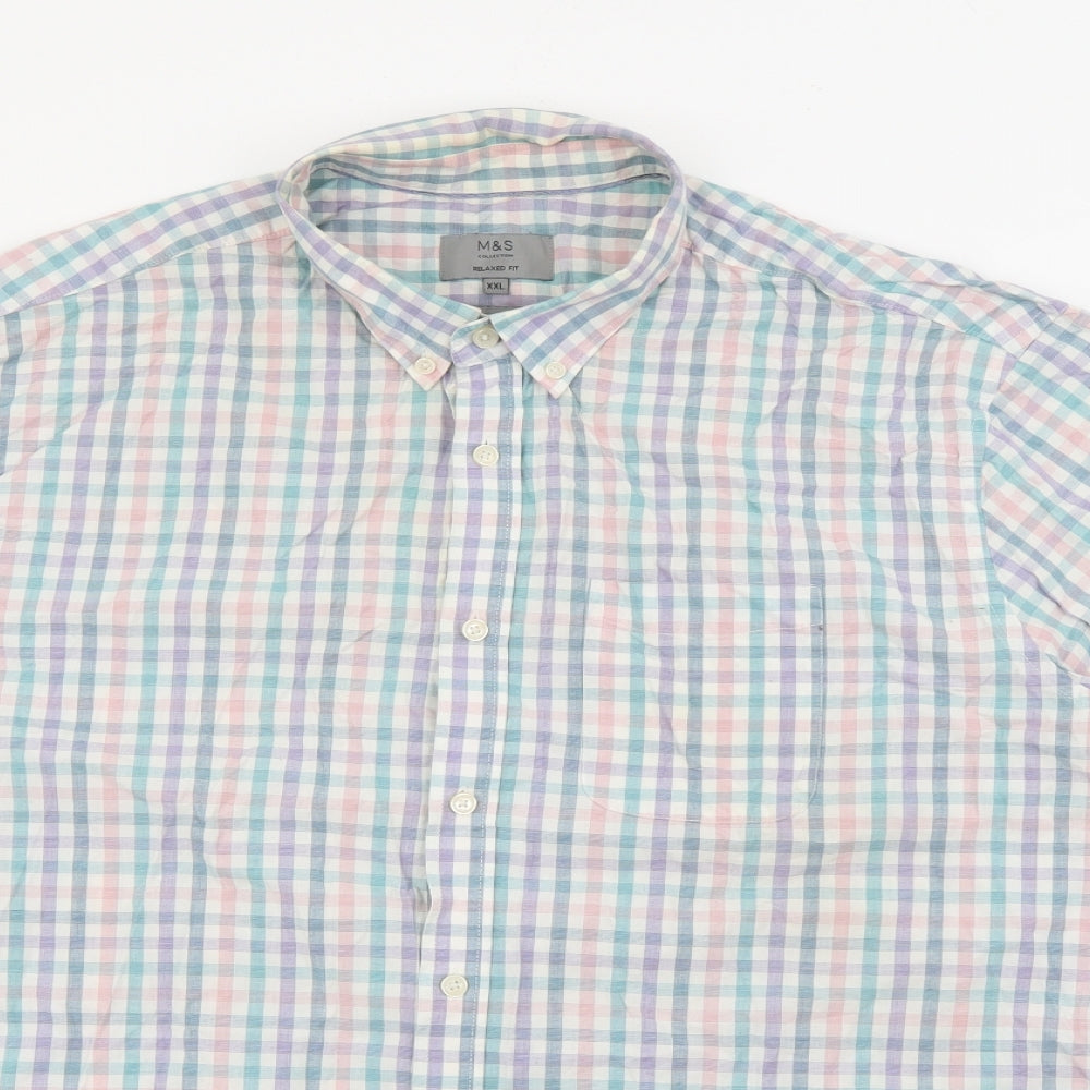 Marks and Spencer Mens Multicoloured Plaid Cotton  Button-Up Size 2XL Collared Button