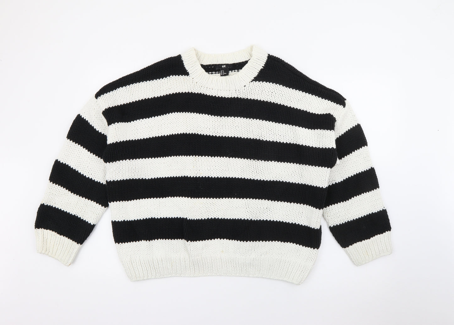 H&M Womens Black Crew Neck Striped Cotton Pullover Jumper Size M