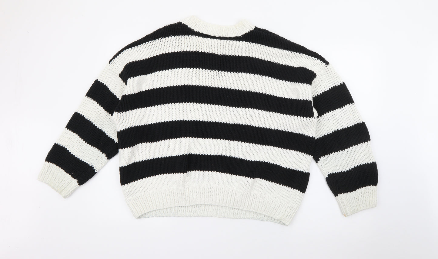 H&M Womens Black Crew Neck Striped Cotton Pullover Jumper Size M