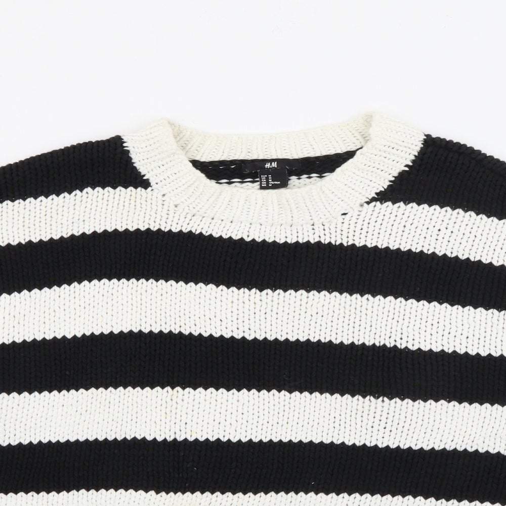 H&M Womens Black Crew Neck Striped Cotton Pullover Jumper Size M