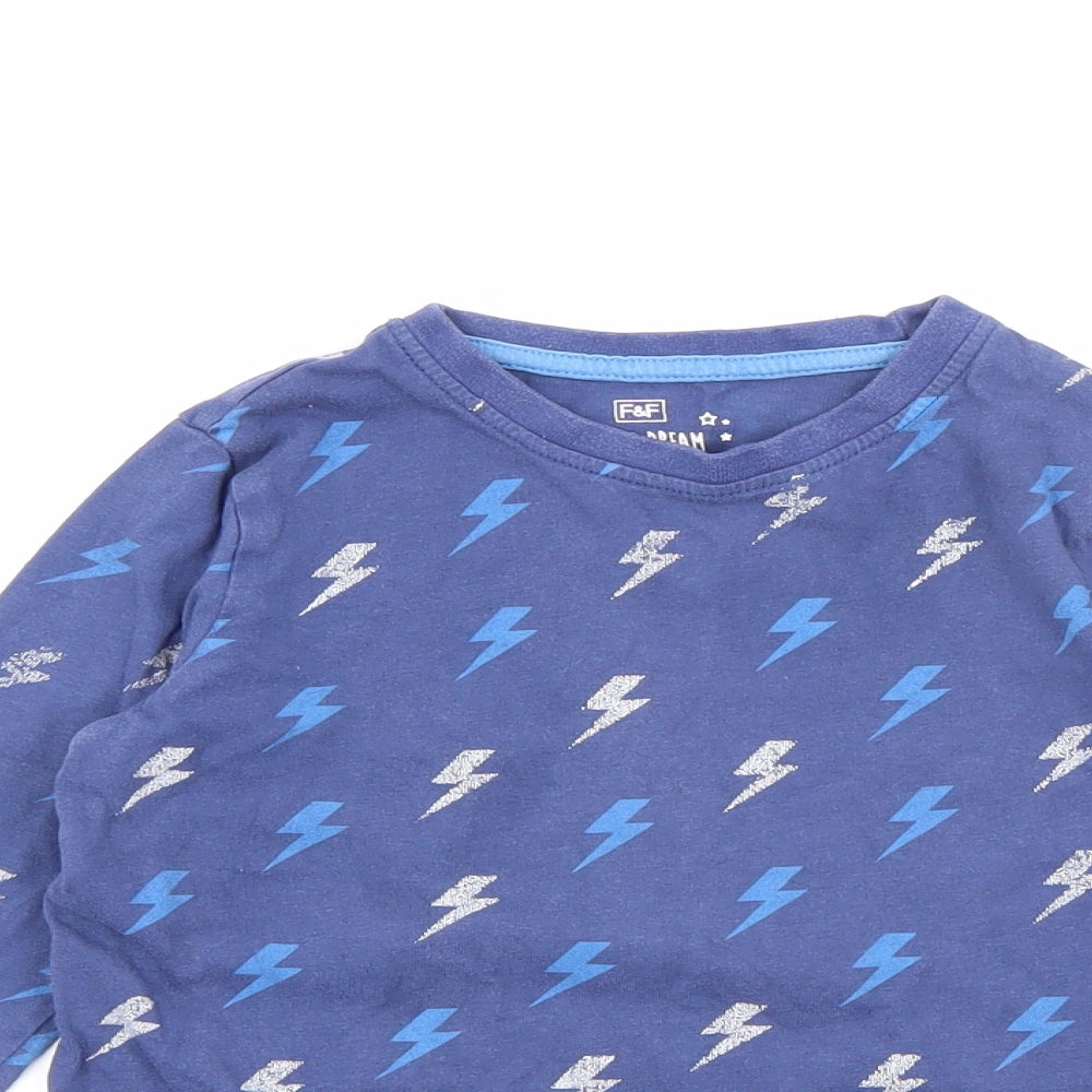 F&F Boys Blue Geometric Cotton Pullover T-Shirt Size 3-4 Years Crew Neck